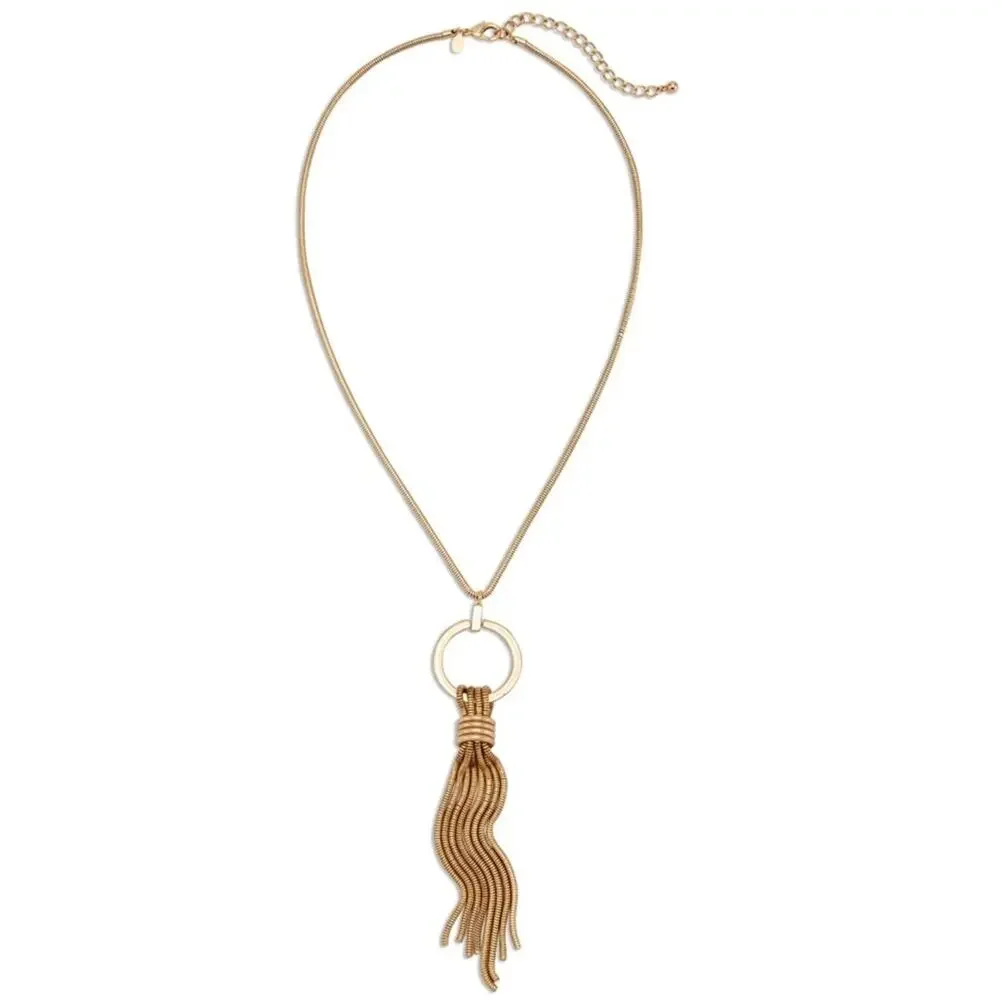 CHICO’S Gabby Pendant Necklace Gold Looped Long Snakechain Tassel
